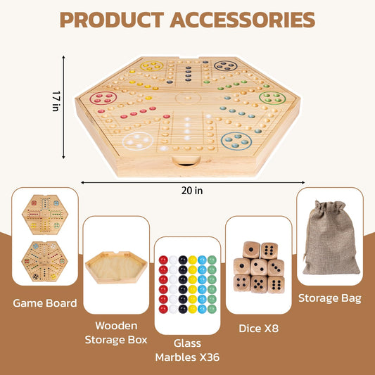 Opened wooden storage box holding board, marbles, and dice for tidy play