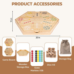 Opened wooden storage box holding board, marbles, and dice for tidy play