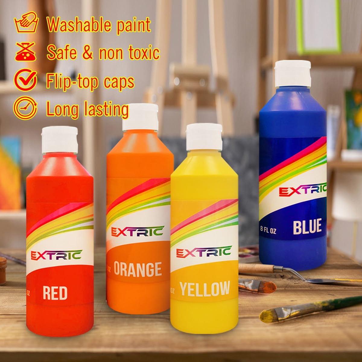 EXTRIC tempera paint set with six vibrant colors ideal for classroom or home crafts.