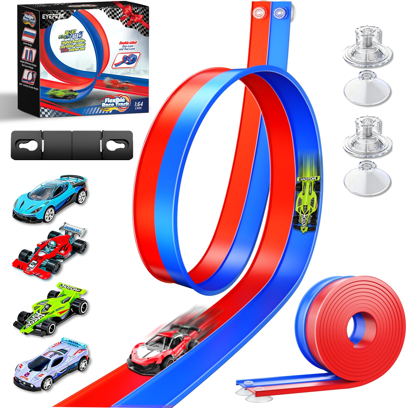 EYEFEAT 15ft flexible track laid on floor for easy DIY racing fun