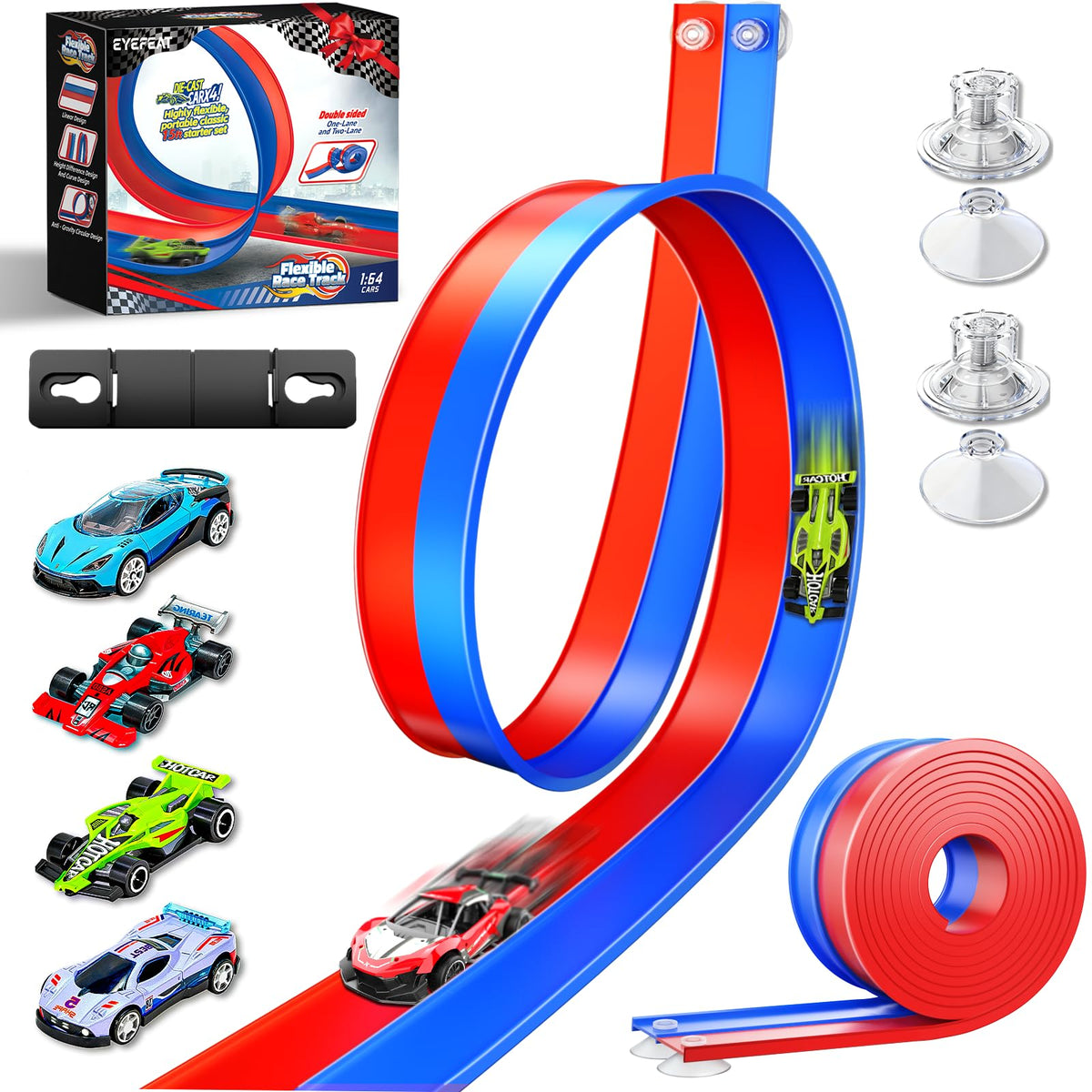 EYEFEAT 15ft flexible track laid on floor for easy DIY racing fun