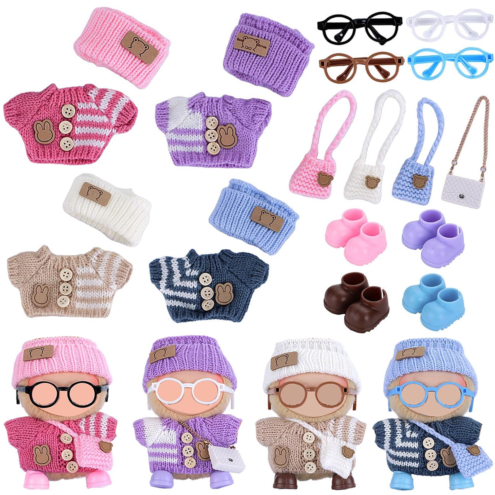 Ezcora knitting outfit set for 17cm dolls showing four coordinated looks for playtime.