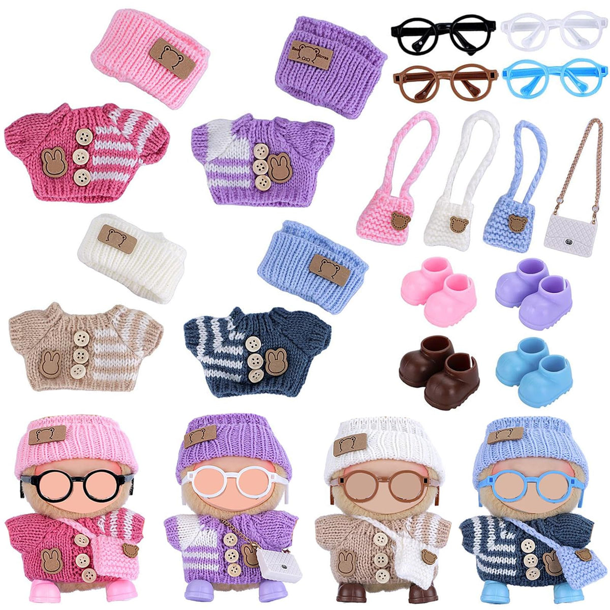 Ezcora knitting outfit set for 17cm dolls showing four coordinated looks for playtime.