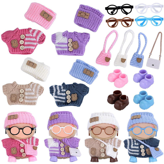 Ezcora knitting outfit set for 17cm dolls showing four coordinated looks for playtime.