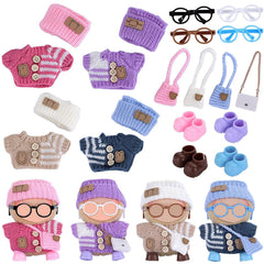 Ezcora knitting outfit set for 17cm dolls showing four coordinated looks for playtime.