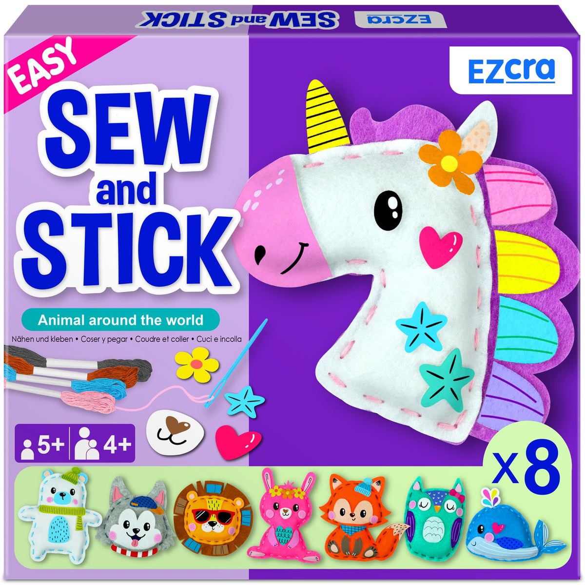 EZCRA Unicorn Sewing Kit contents for kids with safe tools and colorful supplies.