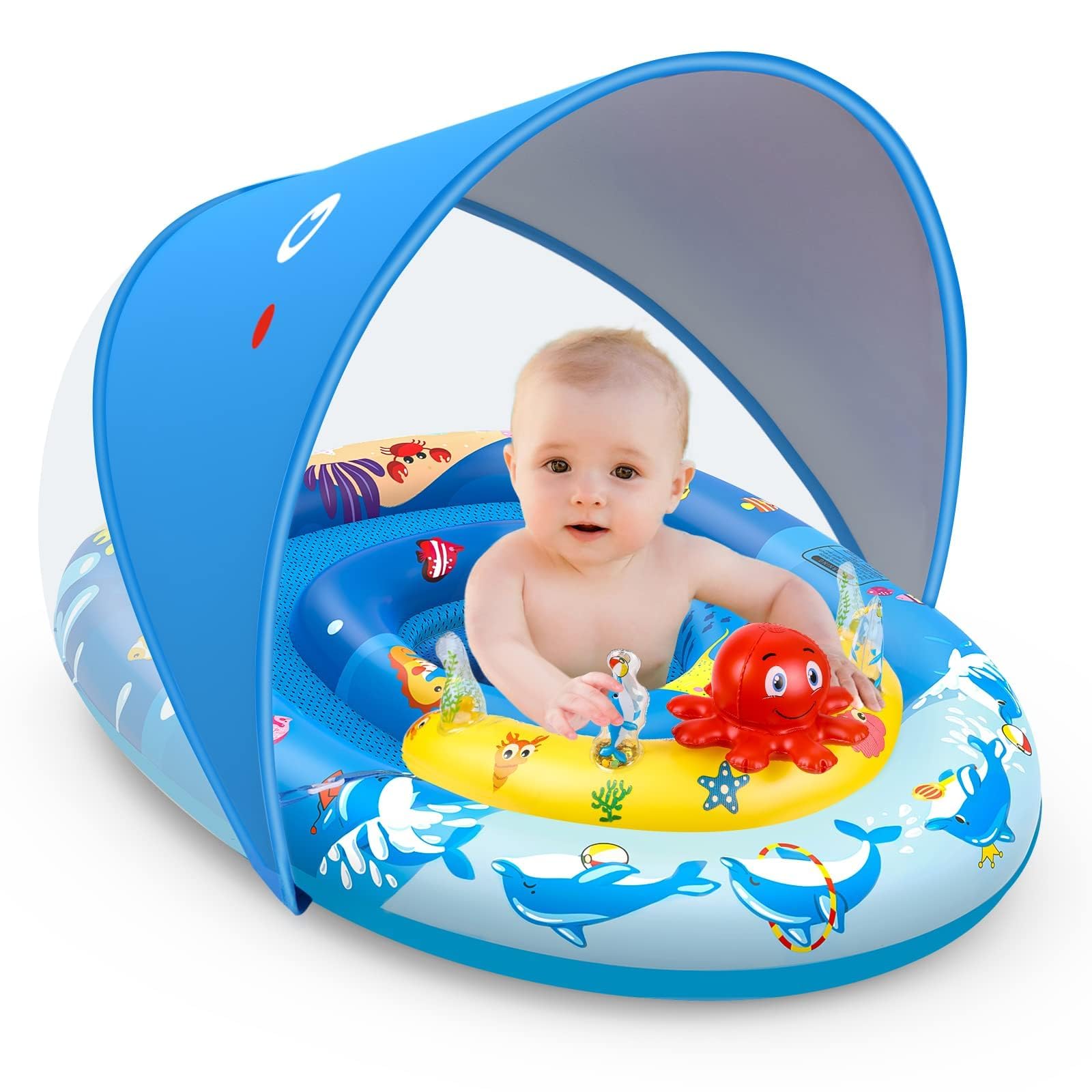 EZIGO Baby Pool Float with Canopy shields skin from sun during sunny days.