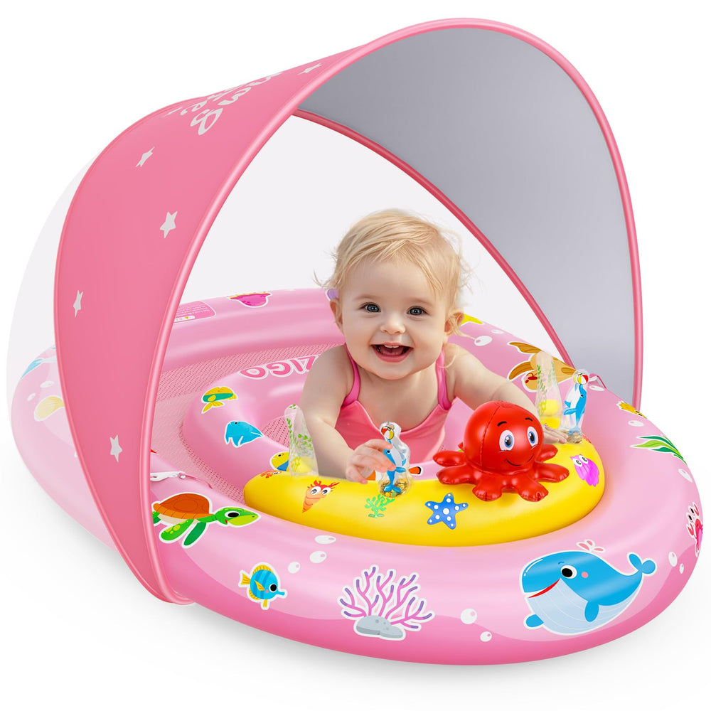 EZIGO baby pool float with canopy provides UPF50+ shade for sunny days.