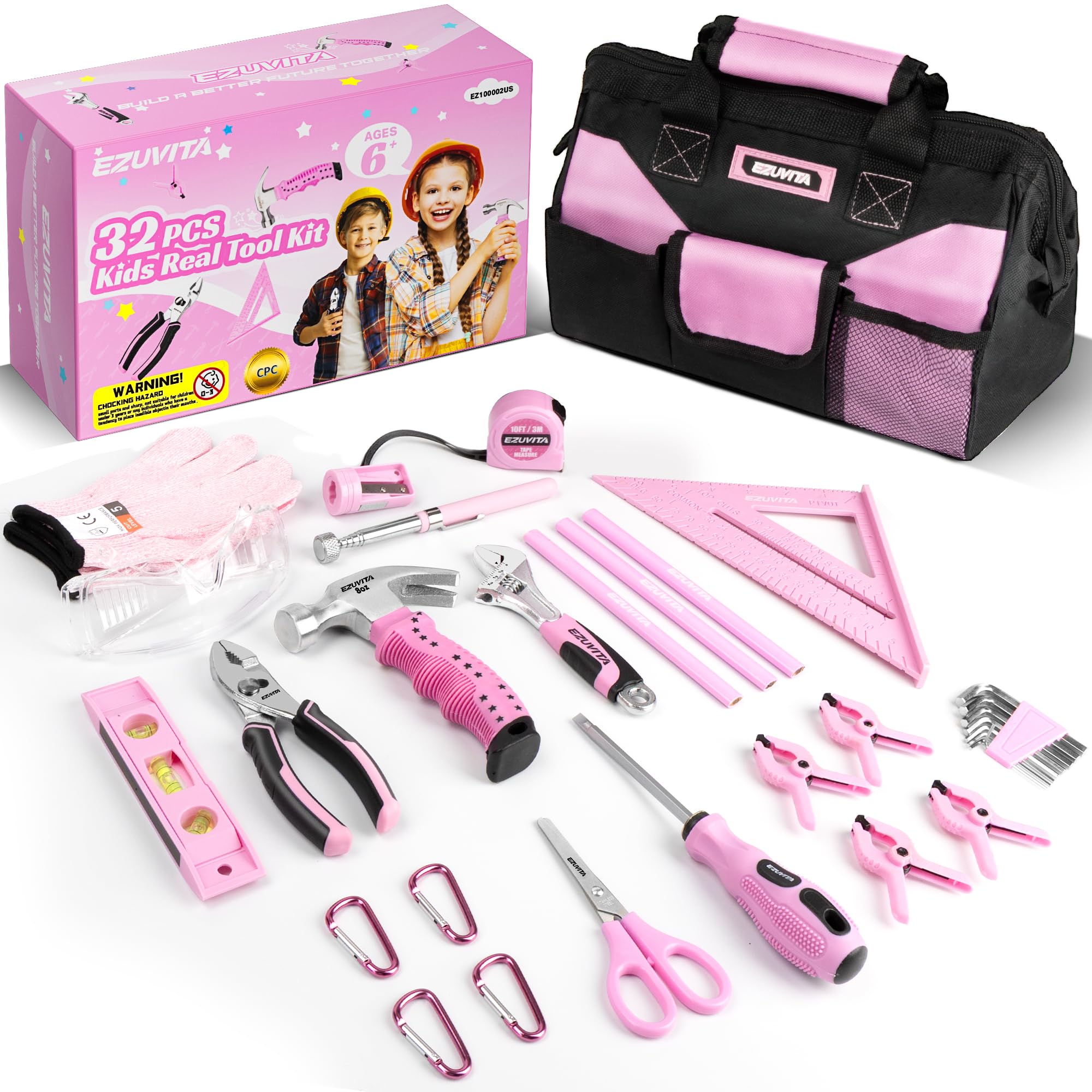 EZUVITA kids tool set pink 32-piece bag front view for safe home DIY play.
