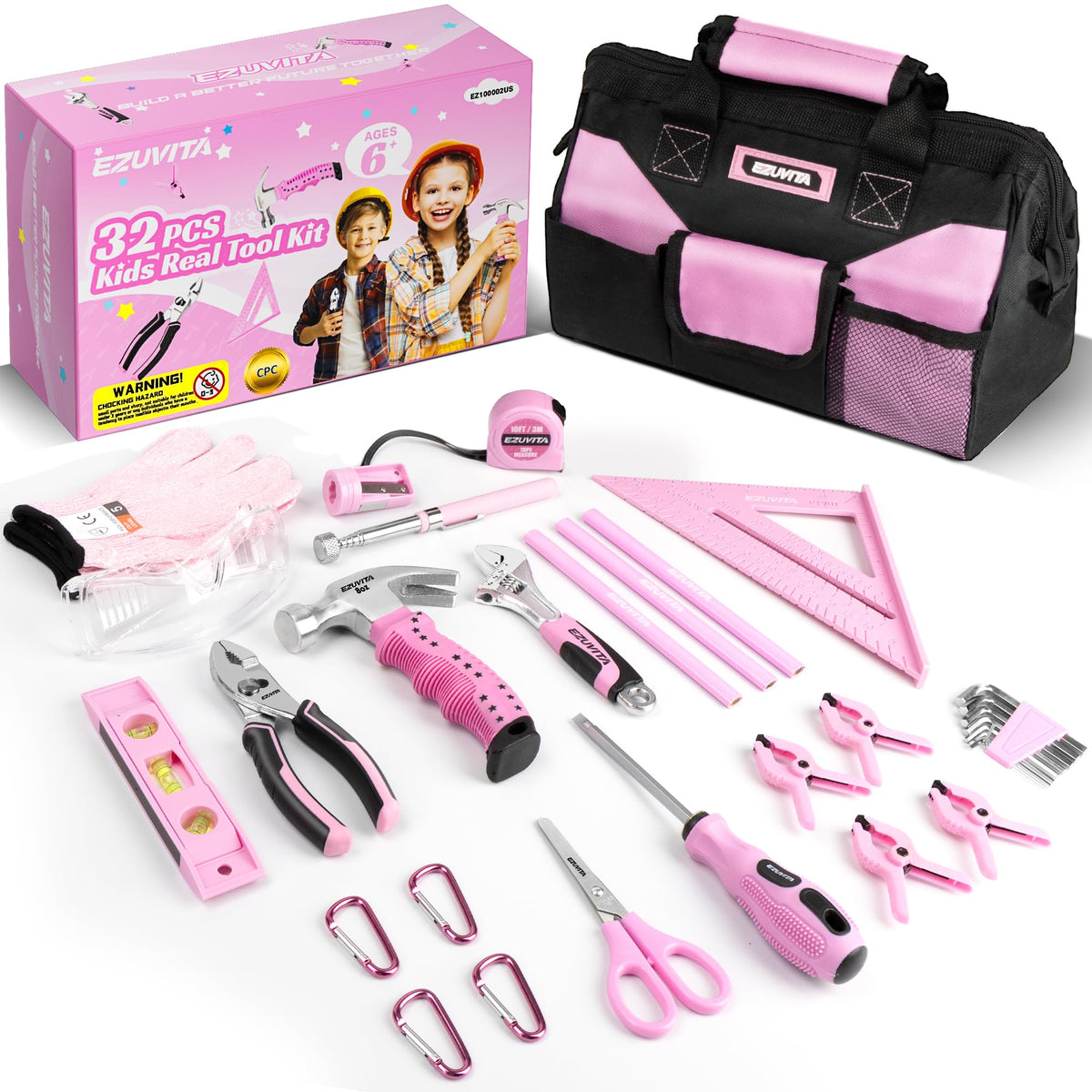 EZUVITA kids tool set pink 32-piece bag front view for safe home DIY play.
