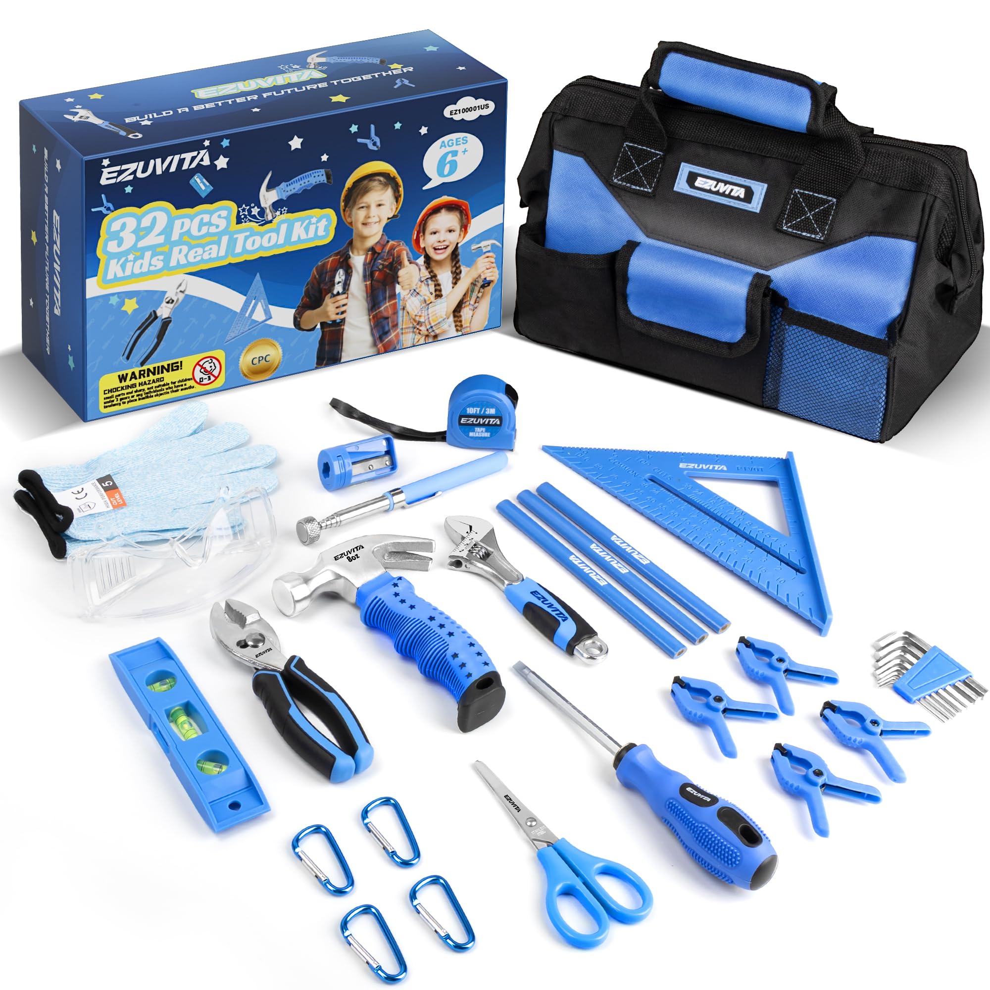 EZUVITA real tools for kids blue set with kid-sized grips for safe hands-on learning