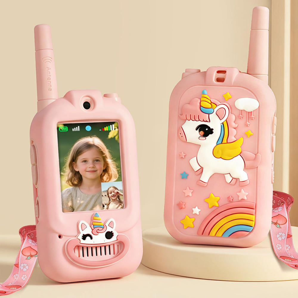 Fabeto Unicorn Pink video walkie talkie front view for real-time kid chats.