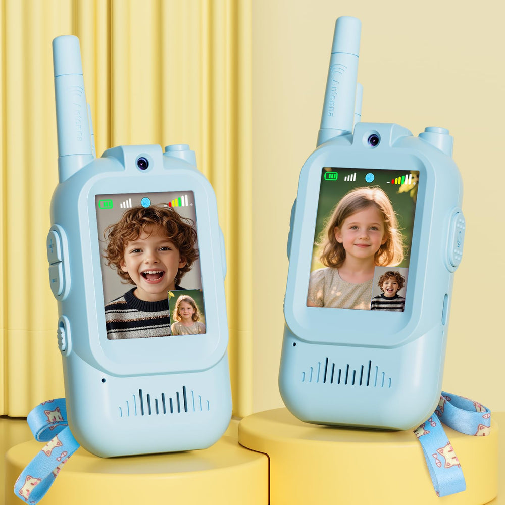 Fabeto walkie talkie kids video 2-pack with HD camera for real-time outdoor communication.