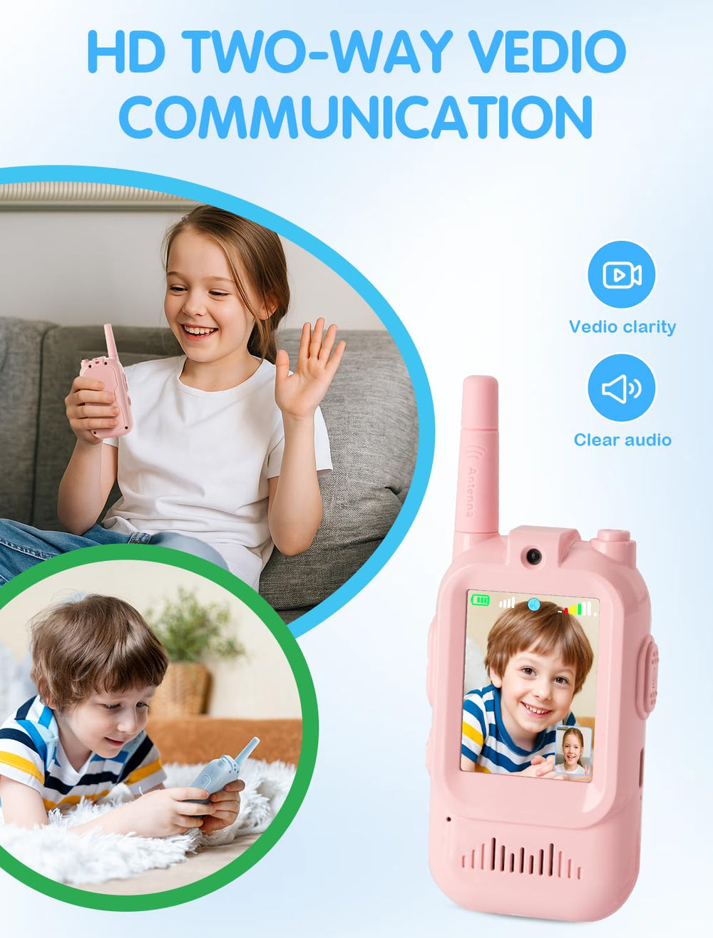Fabeto Walkie Talkie Kids Video pink blue rear view for easy handling