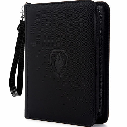 Fabmaker Premium 4-pocket zip binder in black protects cards with a secure zipper and durable outer shell.