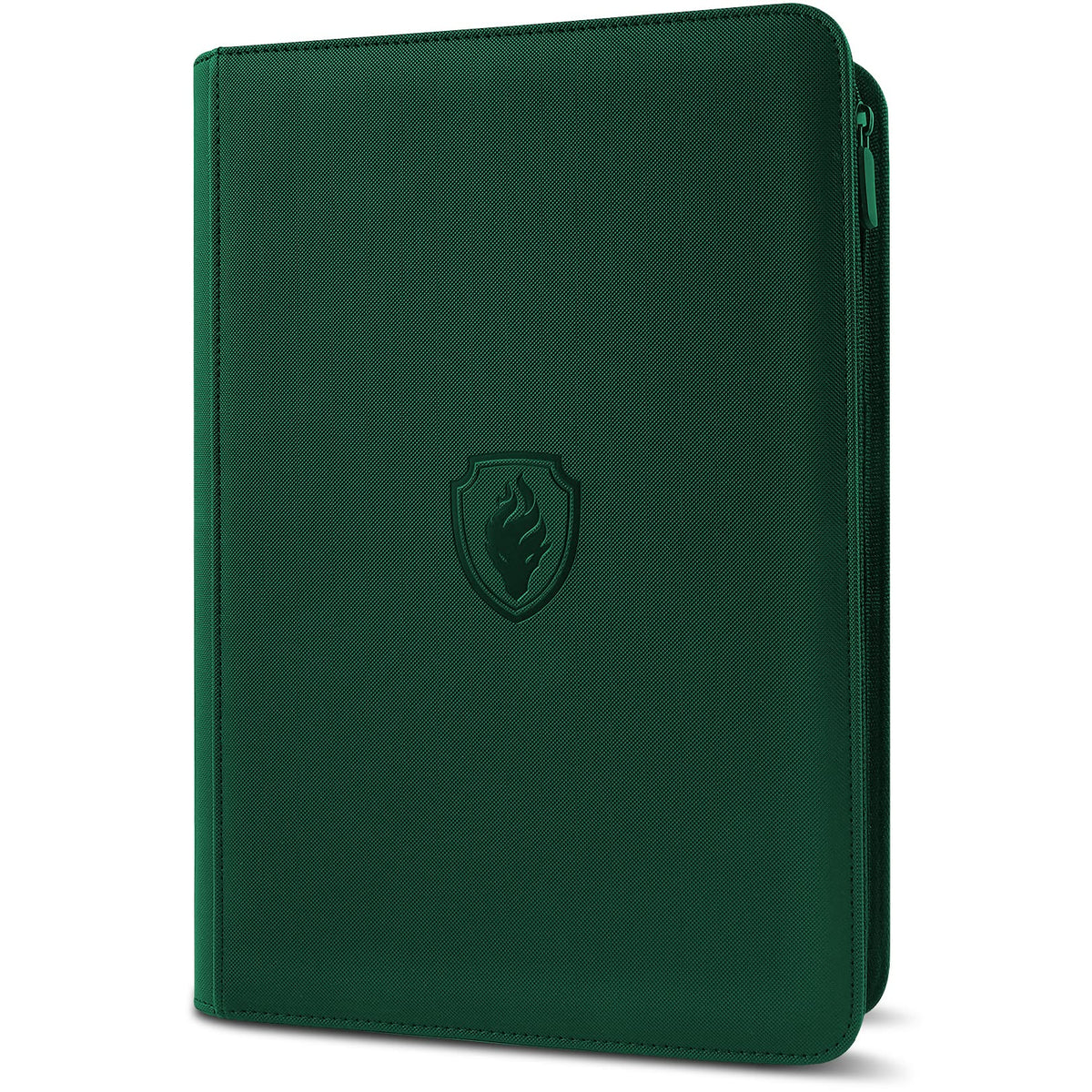 Fabmaker premium zip card binder with dark green cover protects trading cards during storage