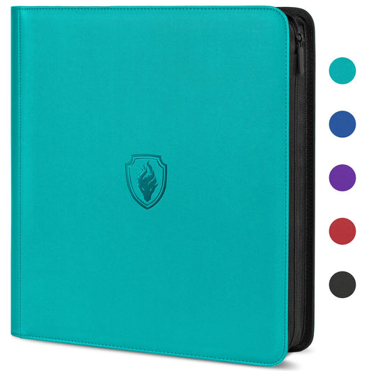 Fabmaker Premium Zip Card Binder teal cover protects cards during storage.