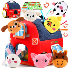 Faburo barn toy with 8 animals offers tactile and auditory discovery.