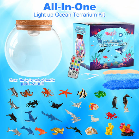 Faburo Light-Up Ocean Terrarium 13-color LED enhances nighttime play.