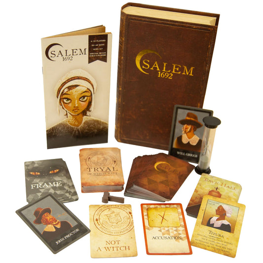 Facade Dark Cites Salem 1692 box close-up shows magnetized faux book case.