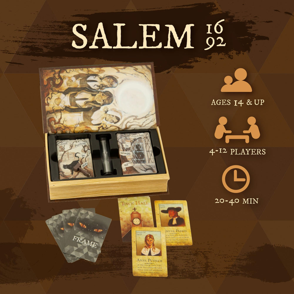 Facade Dark Cites Salem 1692 illustrated cards spread across table highlight character bios.