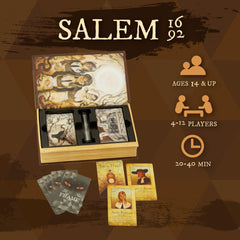 Facade Dark Cites Salem 1692 illustrated cards spread across table highlight character bios.