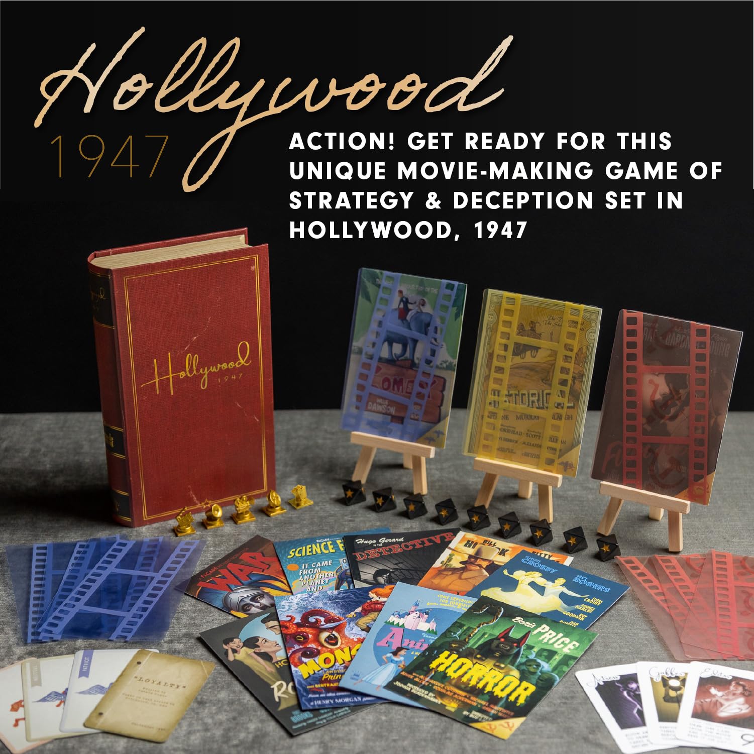Facade Games Hollywood 1947 genre posters laid out to create movie mood