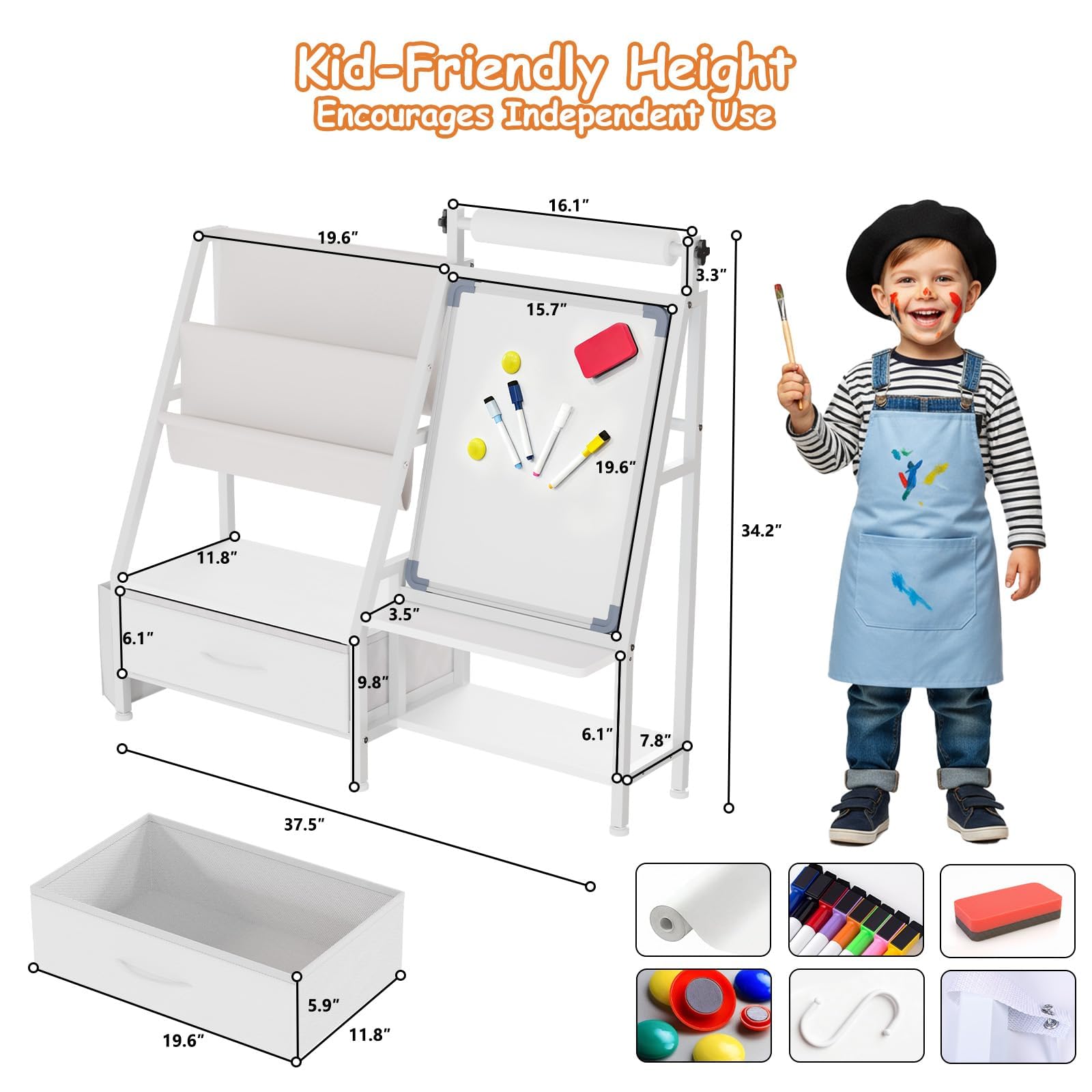 Faesun easel shows bookshelf and toy organizer for kids.