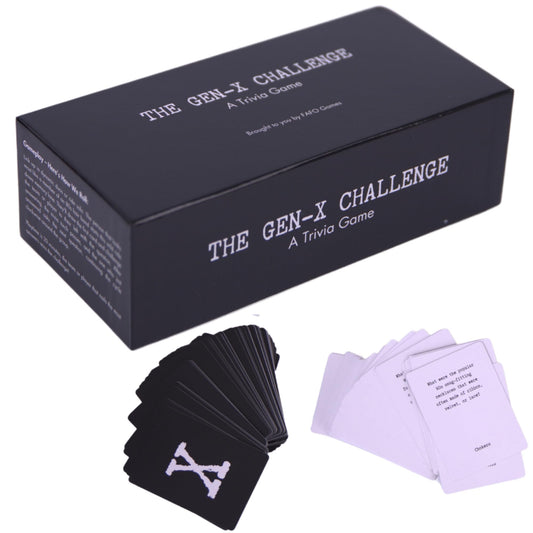 FAFO GAMES Gen-X Challenge card deck spread ready for quick, engaging trivia rounds.