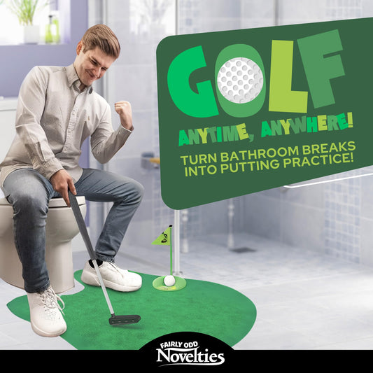 Potty Putter putting green in compact bathroom setup.