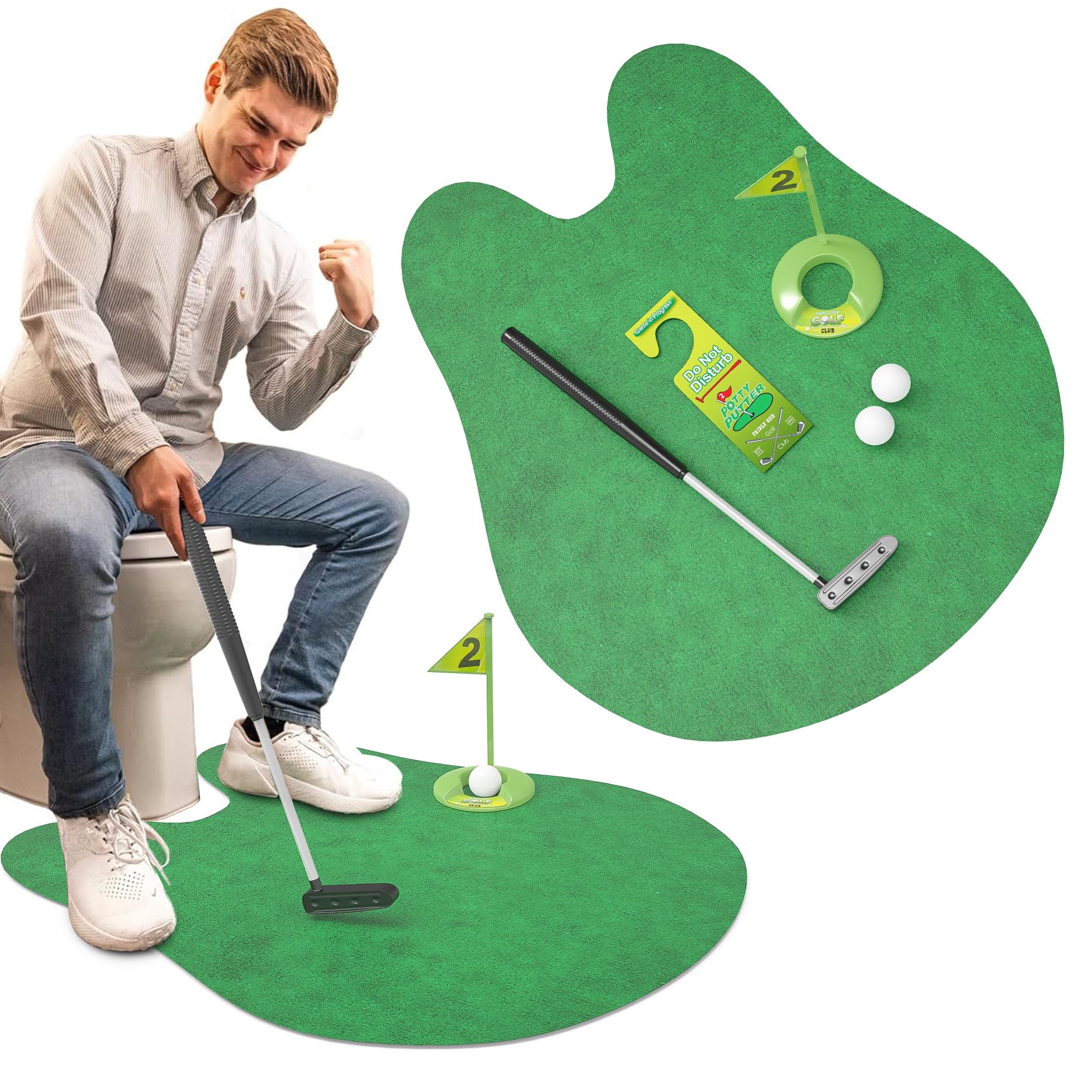 Fairly Odd Novelties Potty Putter set on bathroom counter for practice.