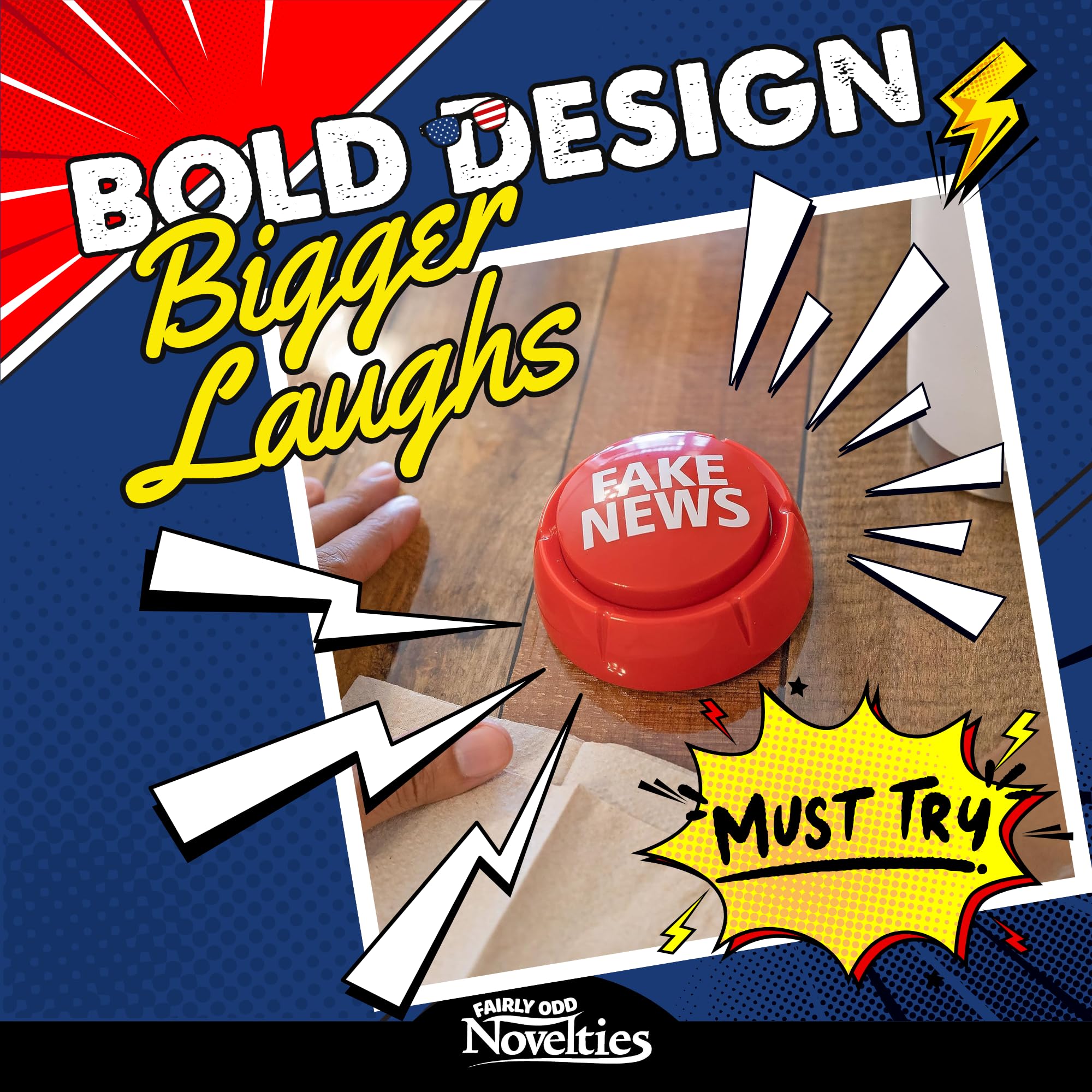 Red Trumped Up Fake News Button adds playful energy to gatherings