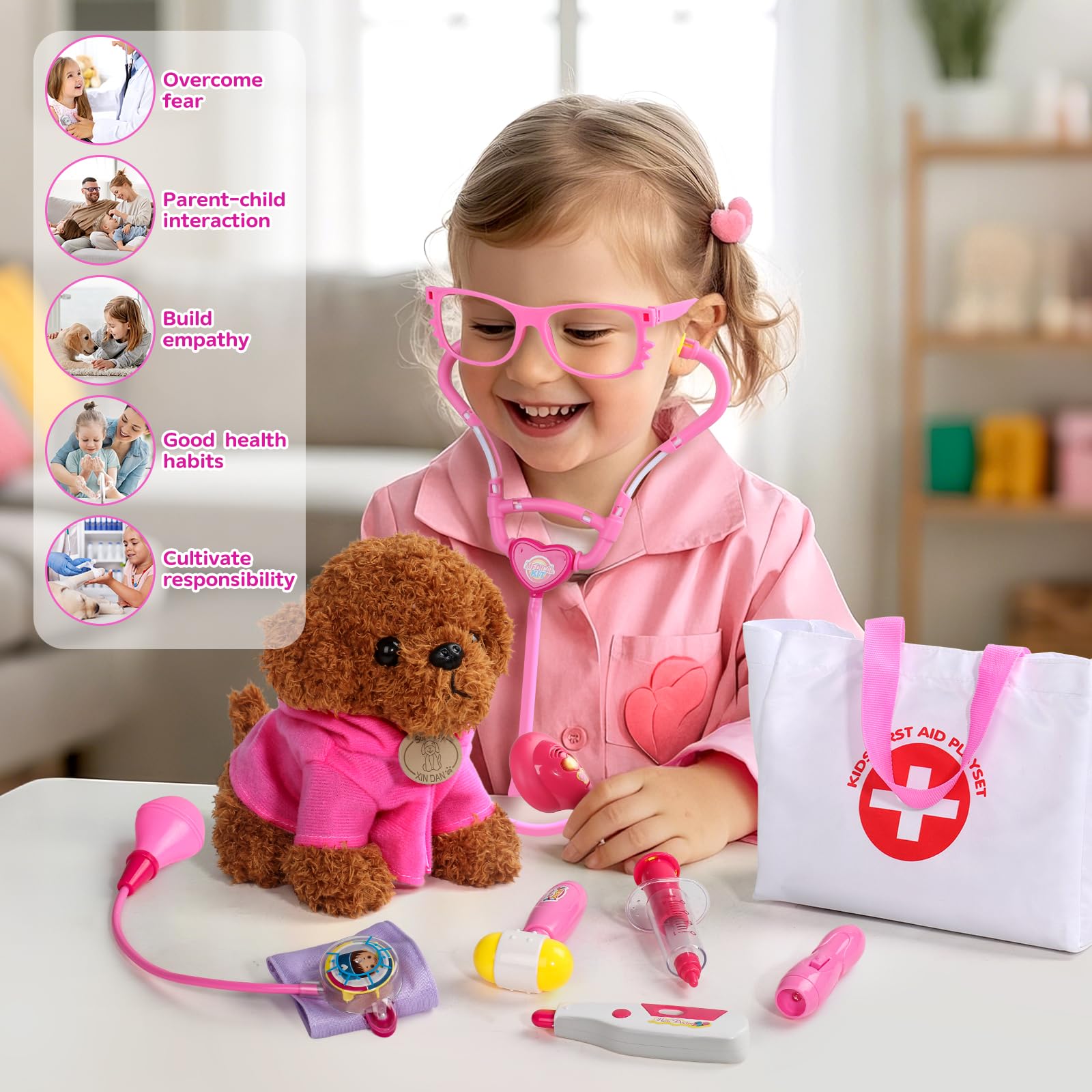 Fajiabao Doctor Kit pink carry bag enables portable pretend play.