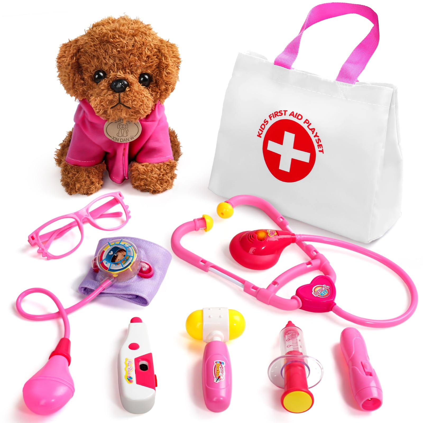 Fajiabao Doctor Kit pink plush dog for imaginative pretend checkups.