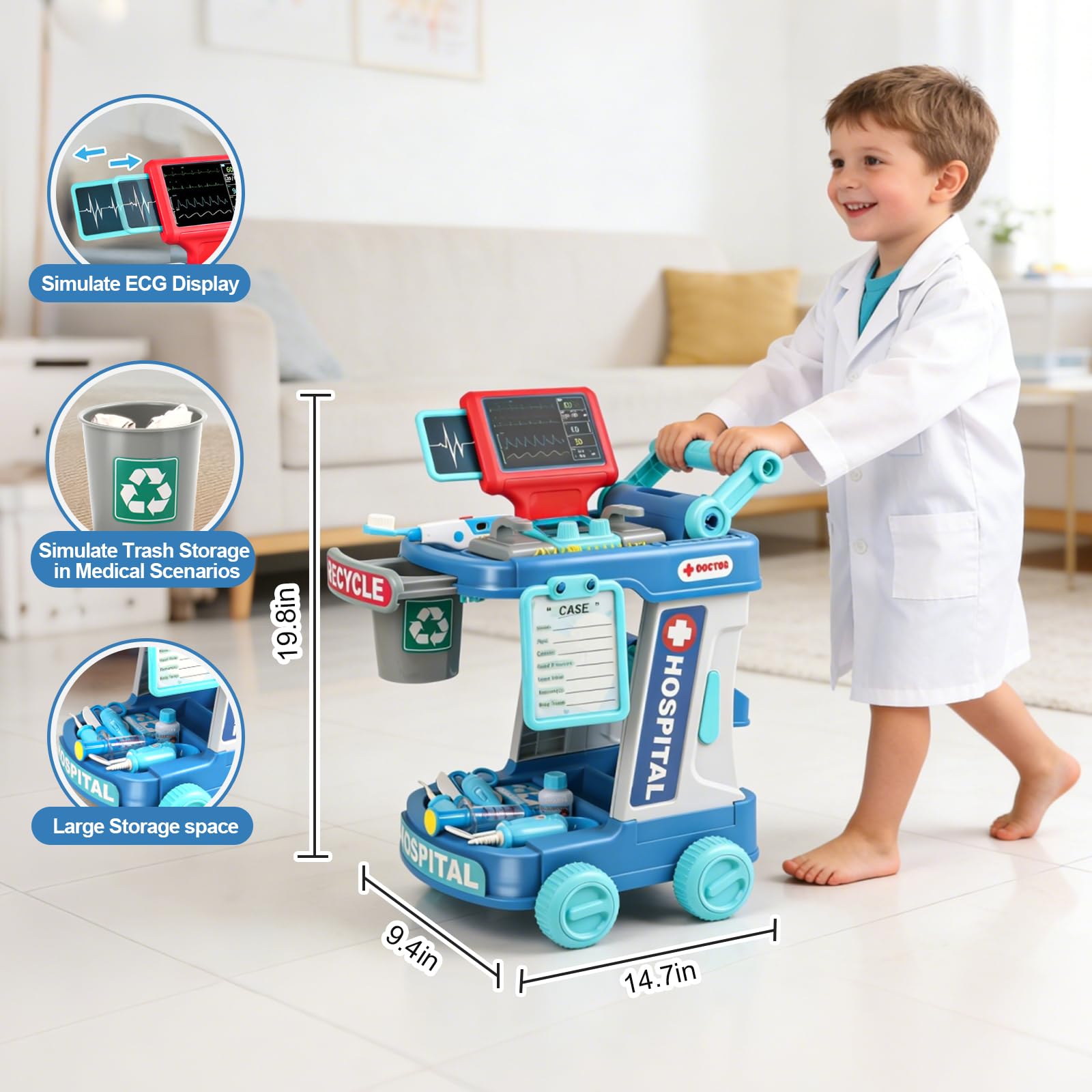 Fajiabao rolling clinic cart supports on-the-go pretend visits.