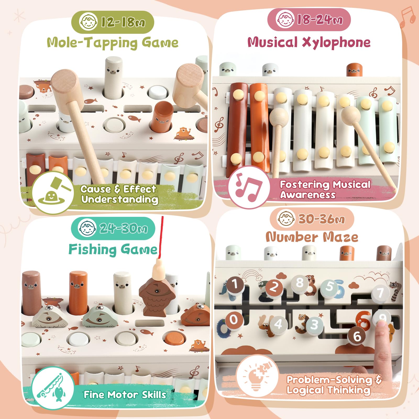 Fajiabao wooden Montessori 4-in-1 magnetic fishing game enhances fine motor coordination