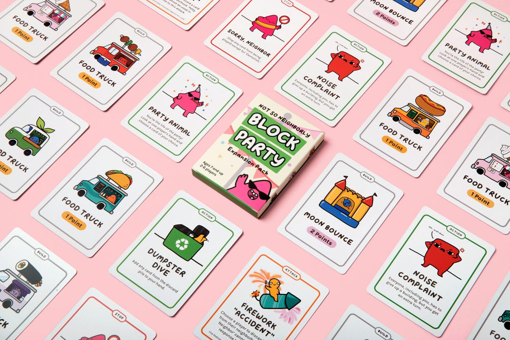 Fambam Games Block Party expansion box opens to reveal new cards and chaos.