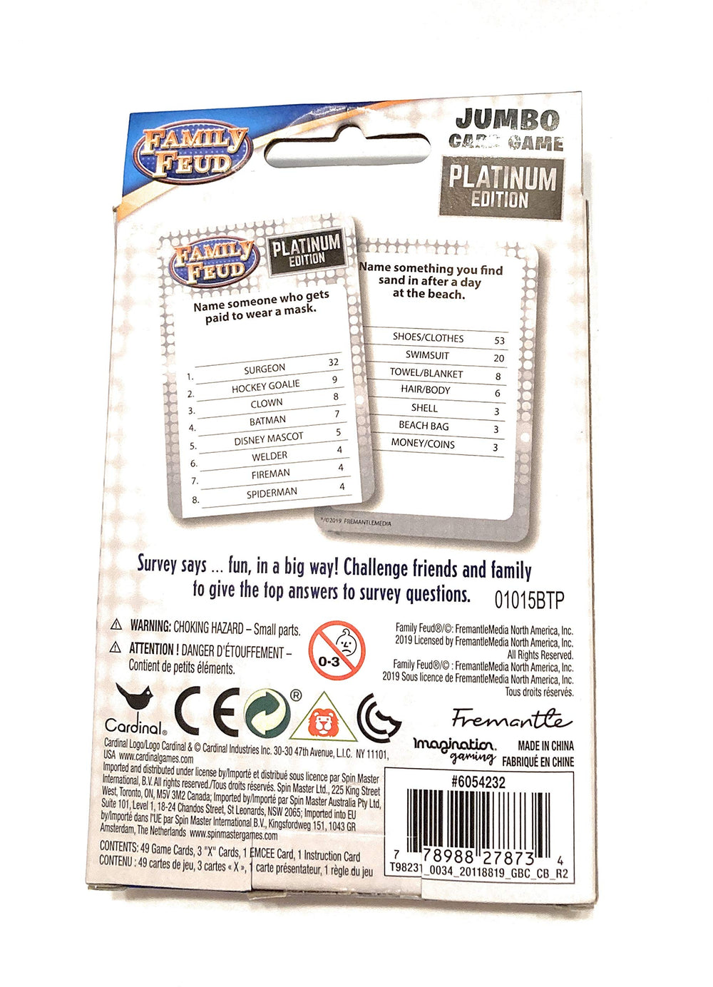 Family Feud Jumbo Card Game Platinum Edition on table ready for a lively family game night.