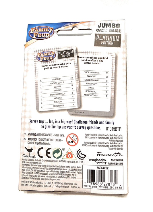 Family Feud Jumbo Card Game Platinum Edition on table ready for a lively family game night.