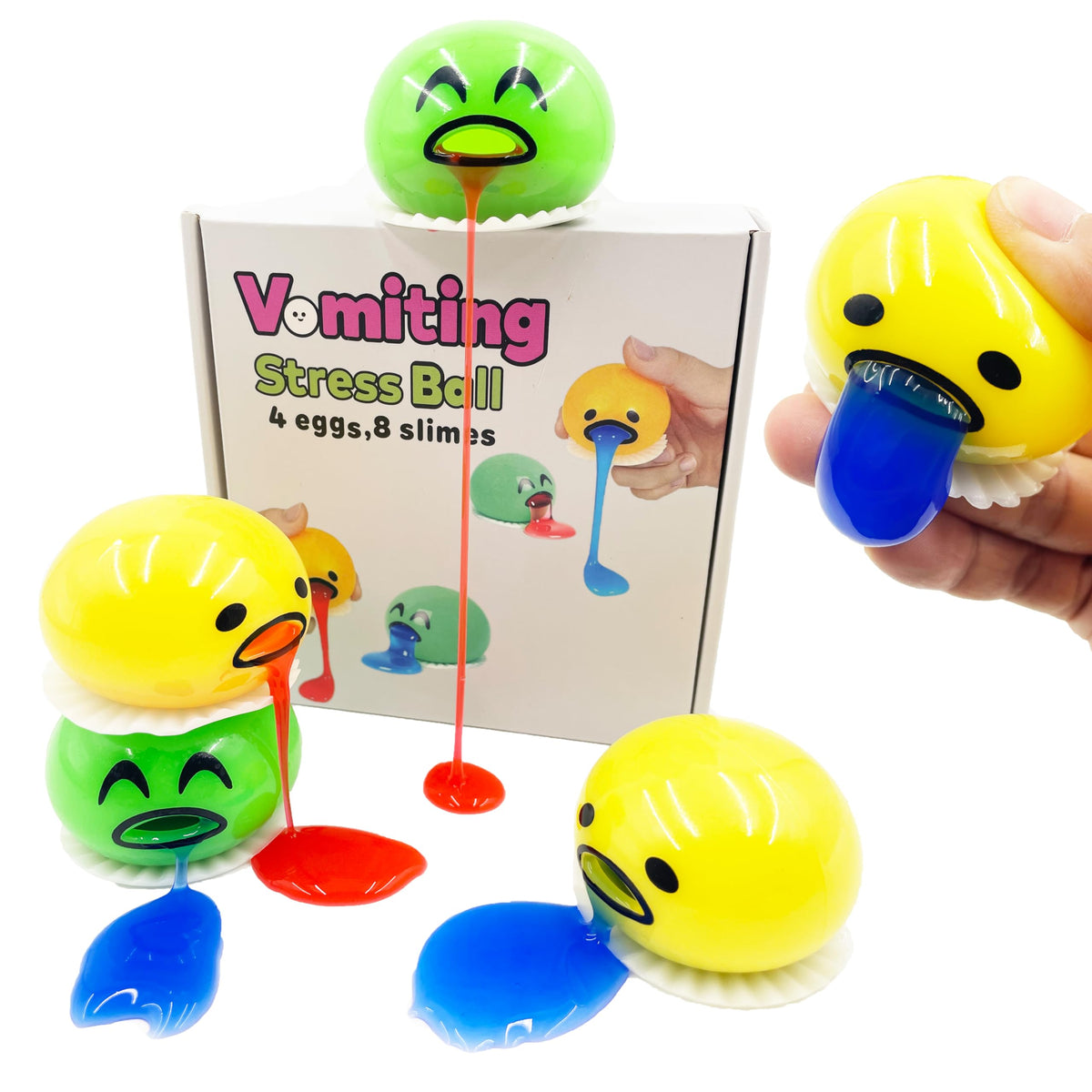 Family Novelty vomiting egg yolk stress ball, soft squishy feel for stress relief.