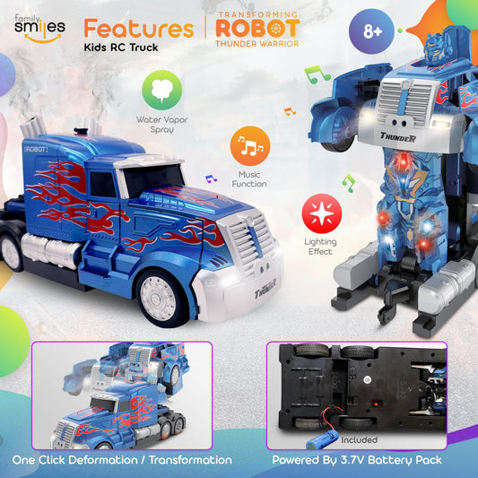 Family Smiles RC truck transforms to robot with button press for quick setup