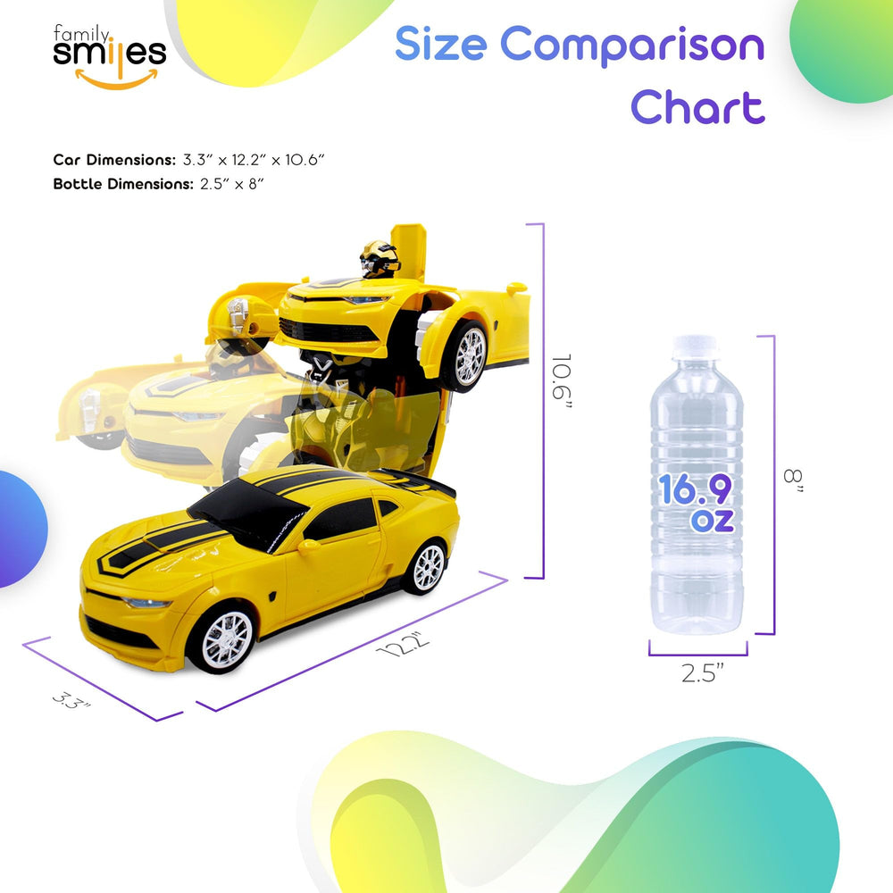 Family Smiles transforming robot RC car yellow transformation in action for kids.