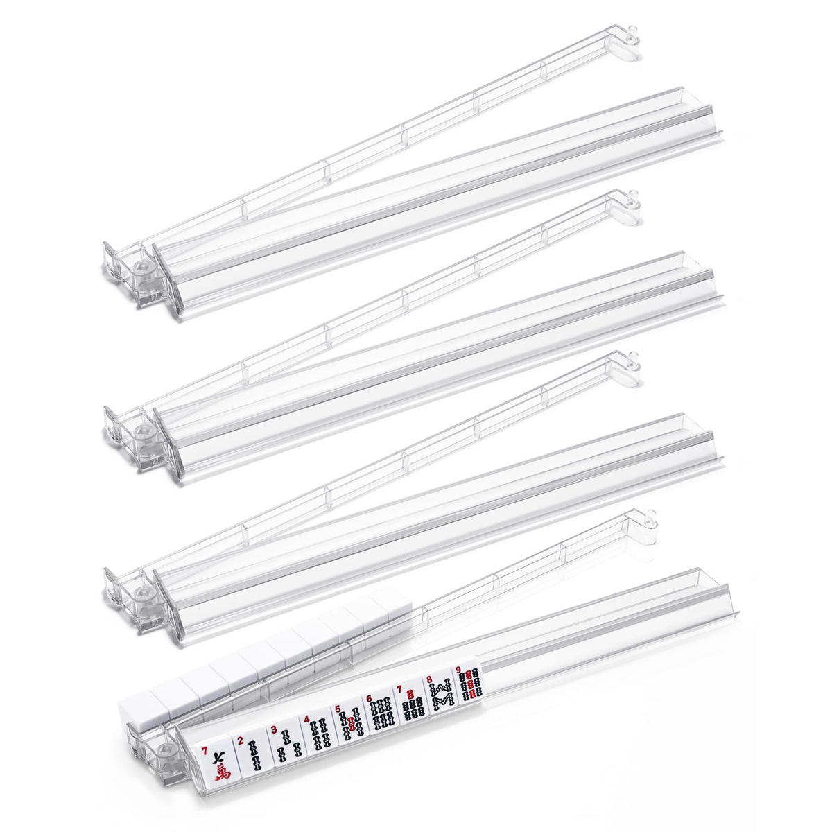 FamRica clear acrylic mahjong racks with built-in pushers for tidy tile setup during play.