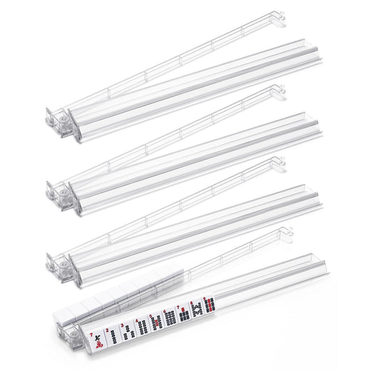 FamRica clear acrylic mahjong racks with built-in pushers for tidy tile setup during play.