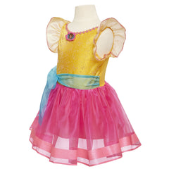 Blue sash belt tied in a bow over pink skirt layers.
