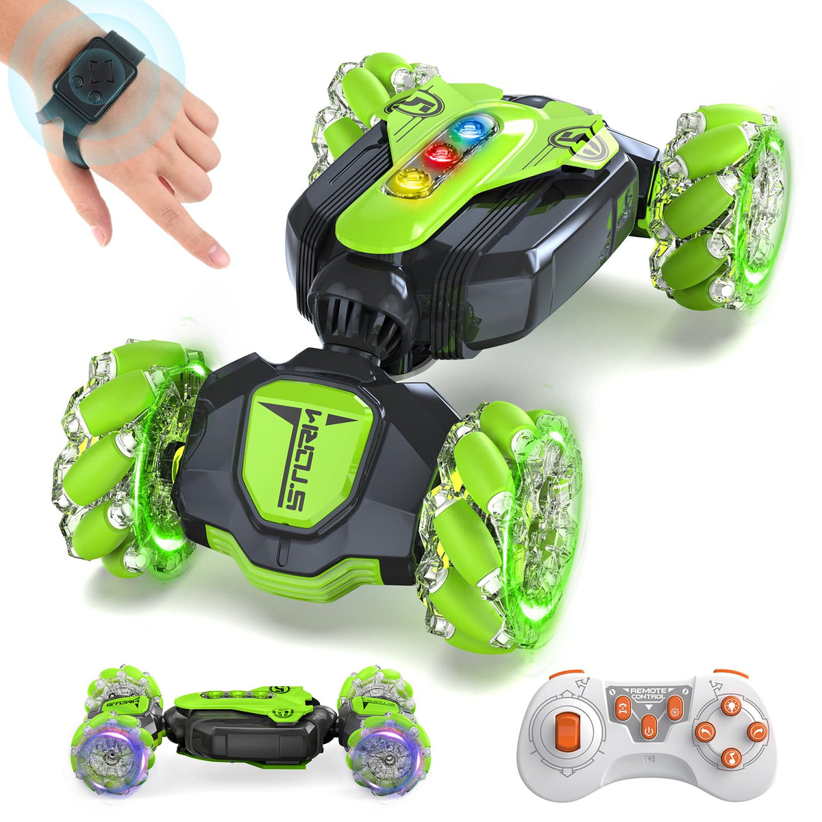 Fanfantoey gesture sensing RC stunt car front view showing rugged 4WD grip for varied terrain play