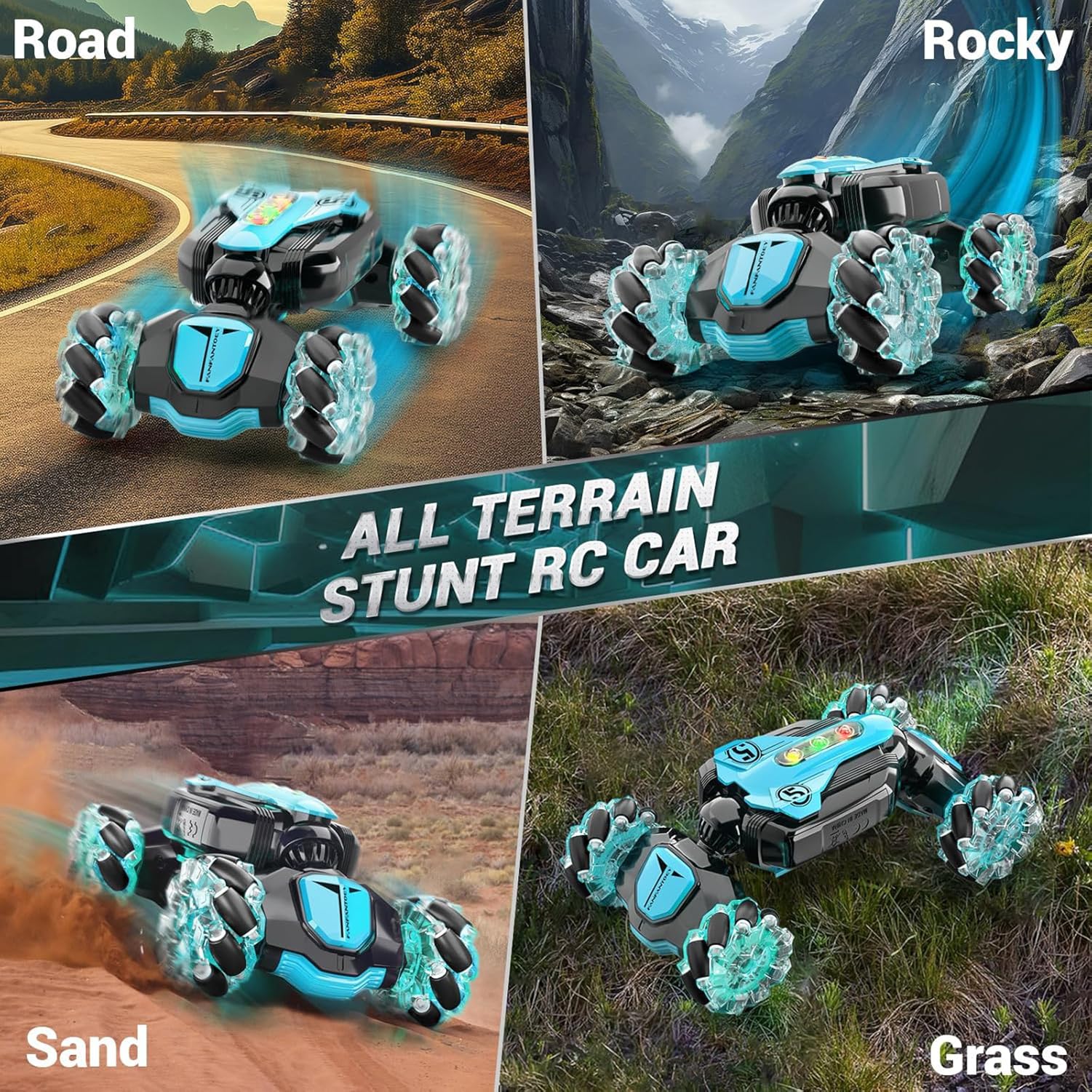 Fanfantoey RC stunt car side profile highlights 4WD stability for indoor outdoor fun.