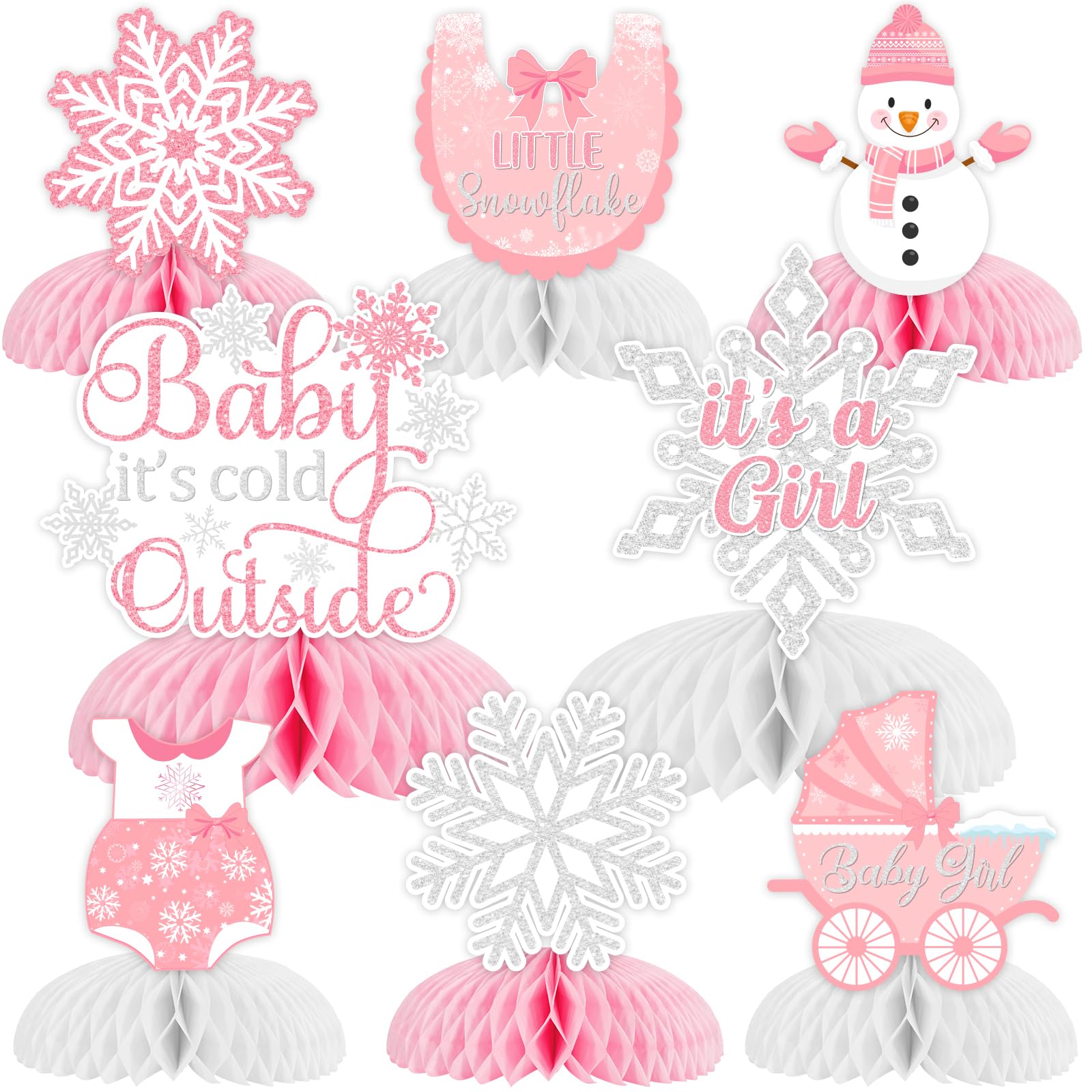 Fangleland Baby It’s Cold Outside honeycomb centerpiece in pink and white for baby showers.