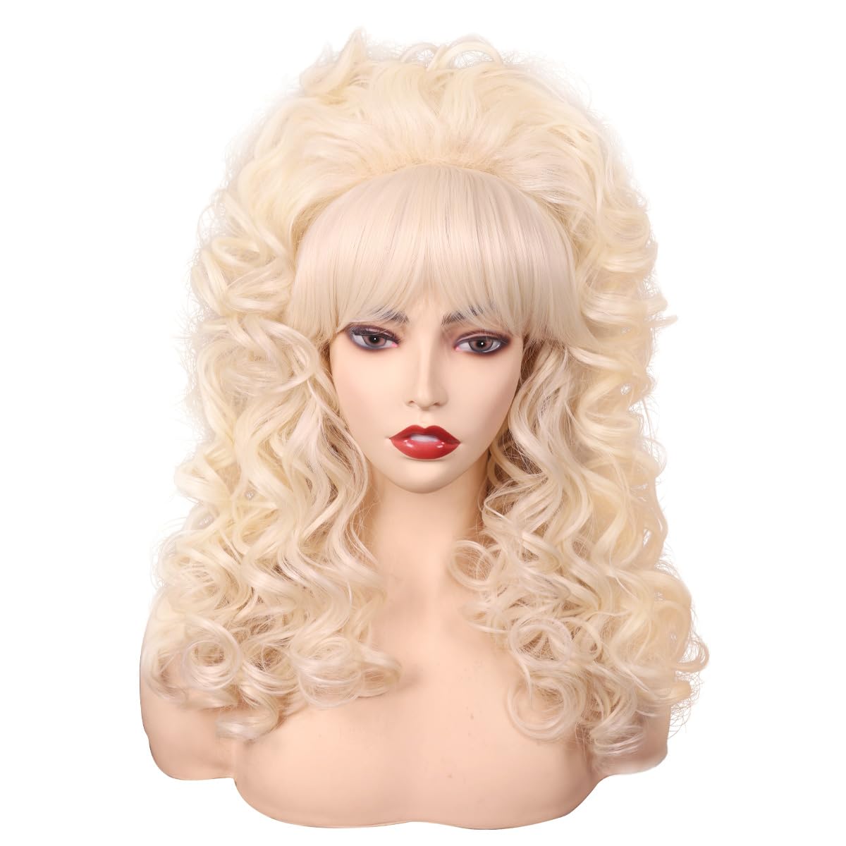 FantaLook 80s blonde curly wig with bangs for authentic retro cosplay.