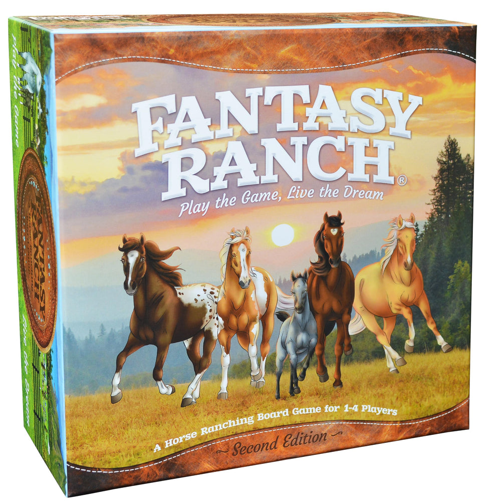 Fantasy Ranch board game cover featuring vibrant horses inviting family game night
